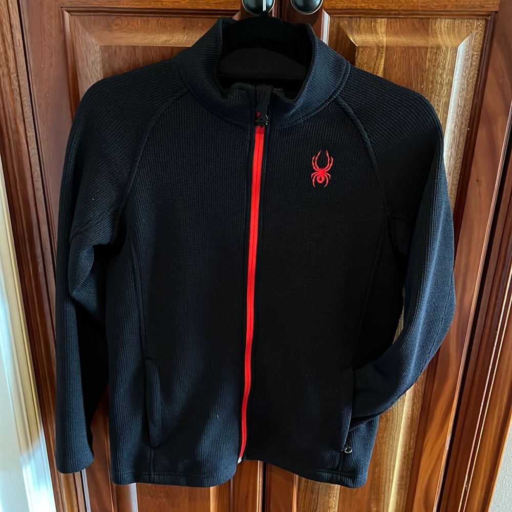 Spyder Boys Fleece Knit Sweater Jacket Size L (14-16) in Black with red zipper.